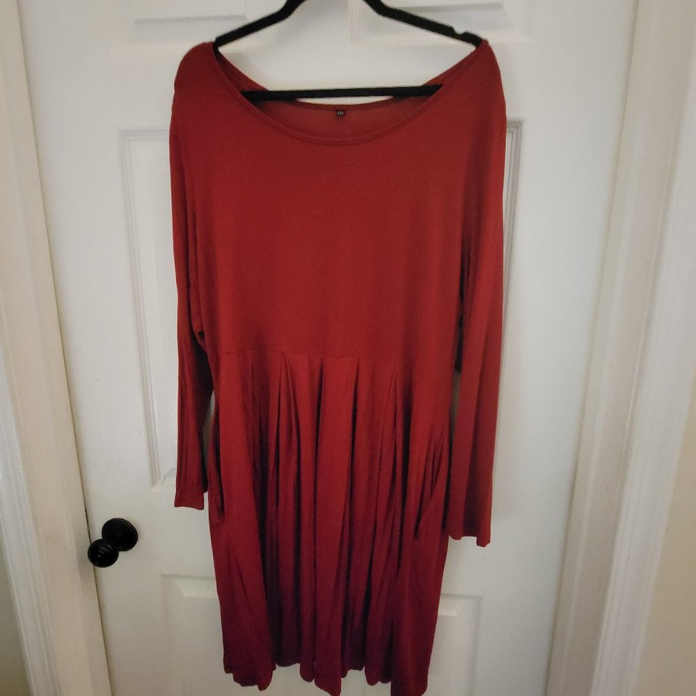 Plus Size Wine Colored Long Sleeve Pleated Dress with Pockets Size 2X